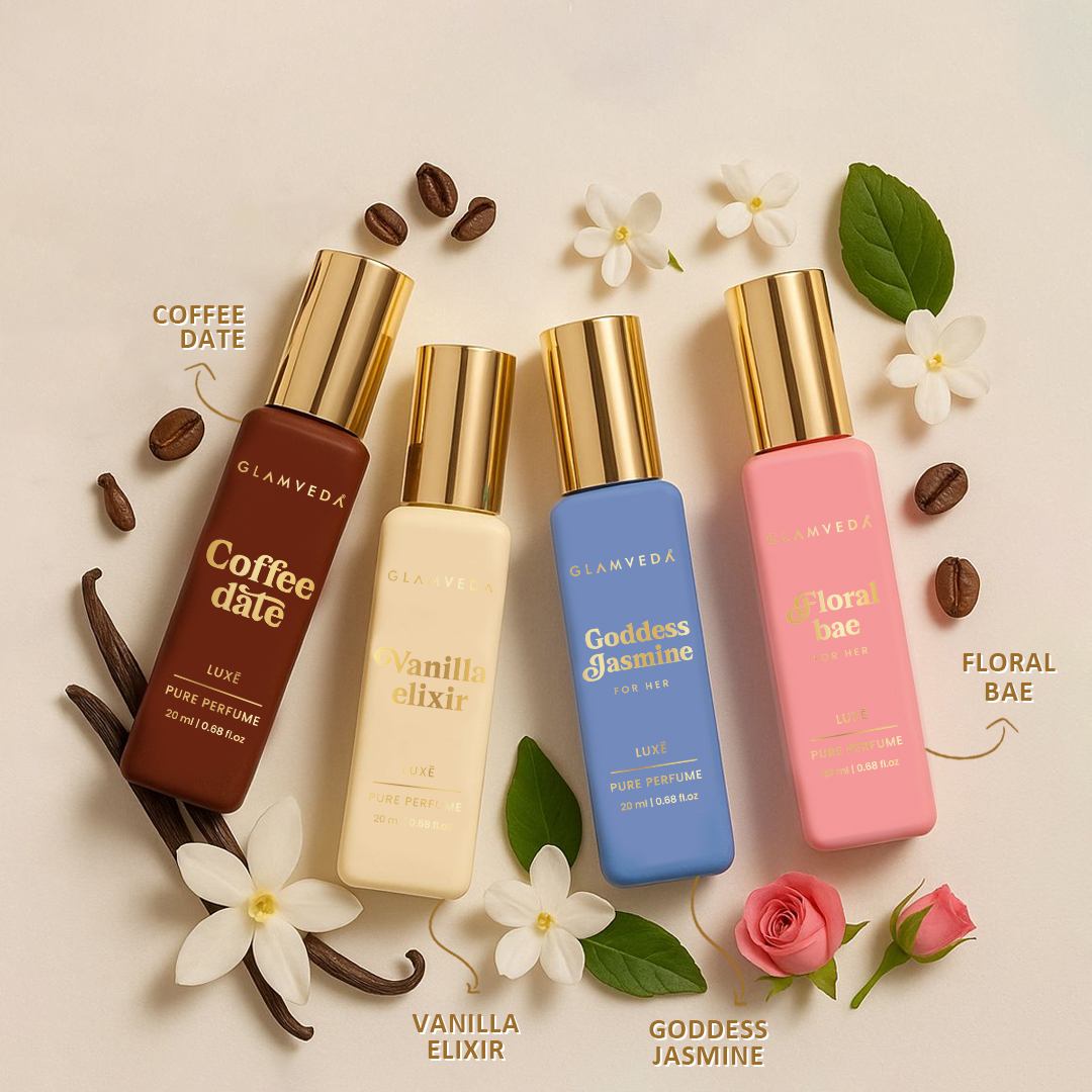 Luxe Fragrance Vanity  - Vanilla Elixir+Coffee Date+Goddess Jasmine+Floral Bae | Luxury Pure Perfume Gift Set for Women 4 x 20ml