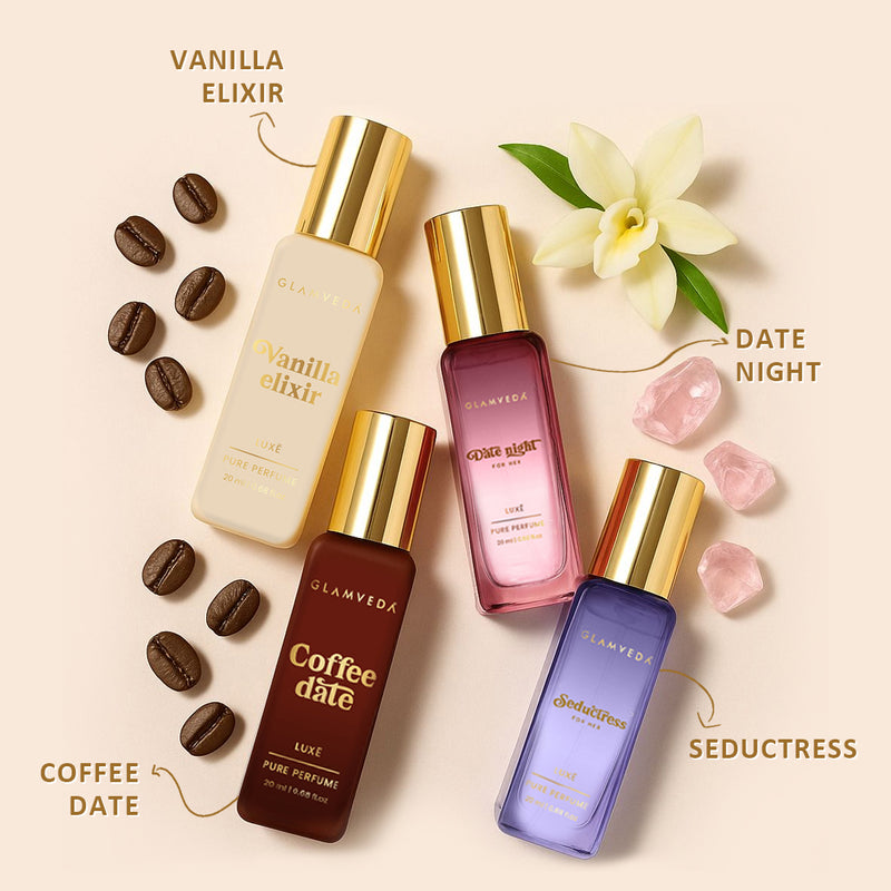 Scent Seduction  - Date Night +Seductress+Vanilla Elixir+Coffee Date | Luxury Pure Perfume Gift Set for Women 4 x 20ml