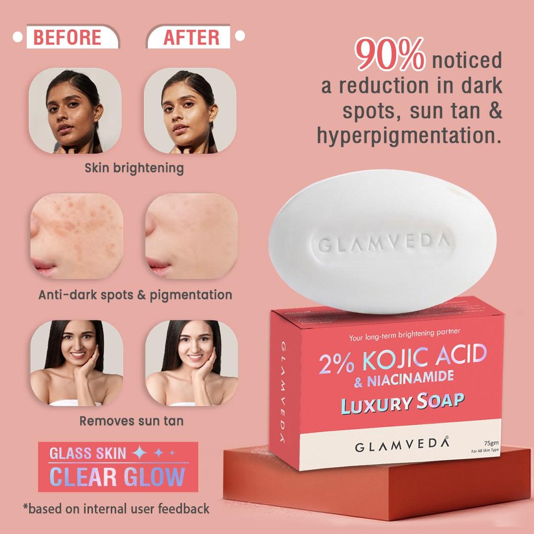Glamveda 2% Kojic Acid Soap with Niacinamide For Pigmentation, Uneven Skin Tone