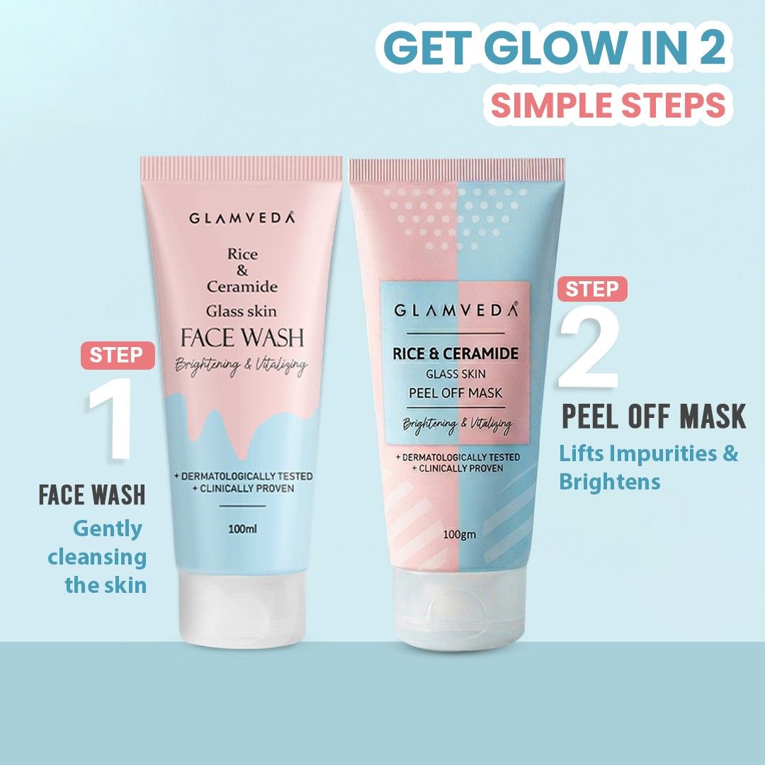 Rice & Ceramide Combo | Skin Brightening & Anti Dullness | Improves skin barrier | Face Wash & Peel Off Mask Combo