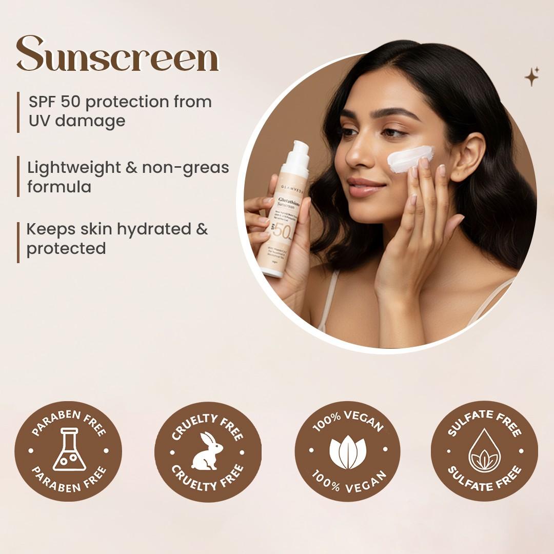 Glutathione Skin Brightening and Lightening Combo | 5-Step Skincare Set For Glowing Skin |  ( Face Wash + Face Cream + Sunscreen + Serum + Under Eye Cream )