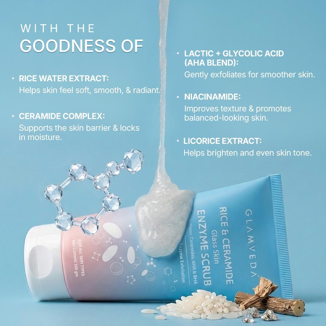 Rice & Ceramide Enzyme Scrub | 3X Exfoliation Peeling Gel with Enzyme, AHA & BHA | 100gm