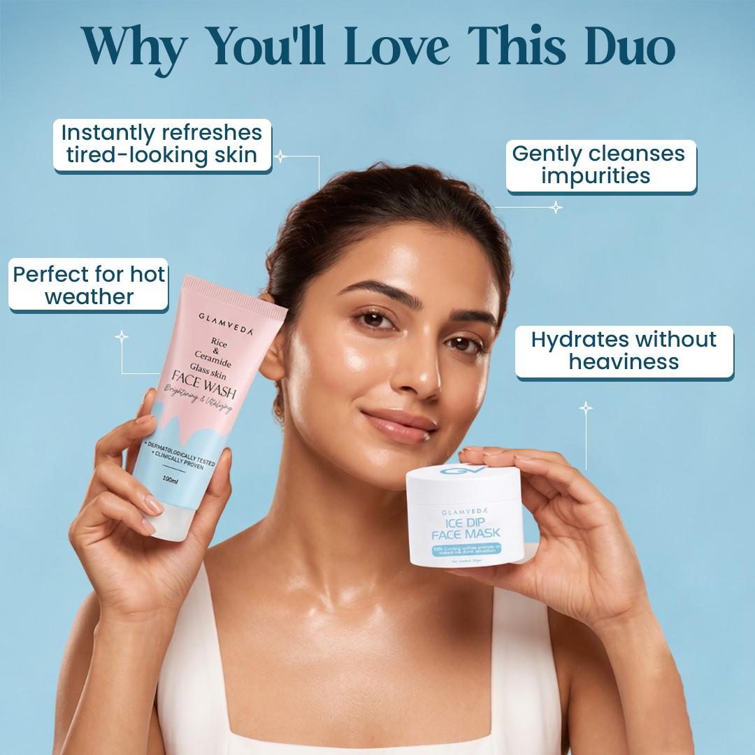 Summer Rescue Duo | Ice Dip Cooling Face Mask + Rice Face Wash Combo | 150ml