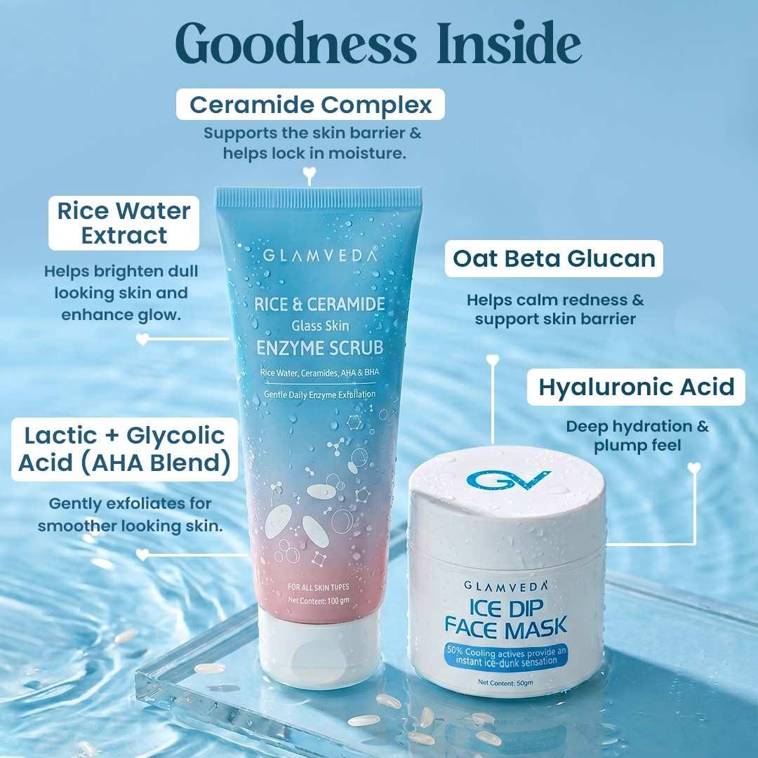 Cooling & Glow Duo | Rice & Ceramide Enzyme Scrub + Ice Dip Cooling Face Mask | 150gm
