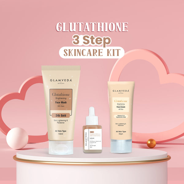 Glamveda Glutathione Skin Perfecting Brightening & Dark Spots Removal 3 Steps Skincare Routine ( Face Wash + Face Cream + Face Serum )