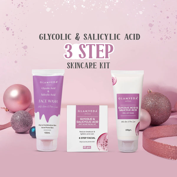 Glamveda Glycolic & Salicylic Acid Anti Acne Combo Gift Pack | For Oily & Acne Prone Skin | Face Wash, Facial Kit & Peel Off Mask