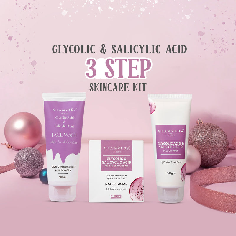 Glamveda Glycolic & Salicylic Acid Anti Acne Combo Gift Pack | For Oily & Acne Prone Skin | Face Wash, Facial Kit & Peel Off Mask