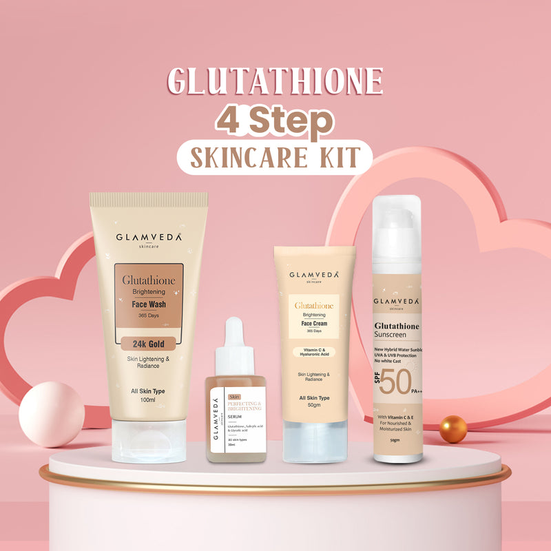 Glamveda Glutathione 4-Step Skincare Routine For Healthy & Radiant Skin | Skin Brightening and Lightening Combo ( Face Wash + Face Cream + Face Serum + Sunscreen )