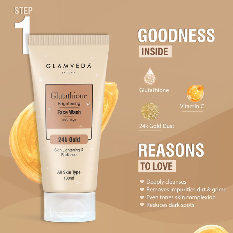 Glamveda Glutathione Skin Perfecting Brightening & Dark Spots Removal 4 Steps Skincare Routine ( Face Wash + Face Cream + Face Serum + Body Lotion )