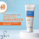 Glamveda 1% Hyaluronic Acid Sunscreen SPF 60, PA+++ | With Ceramides, Peptides & Niacinamide