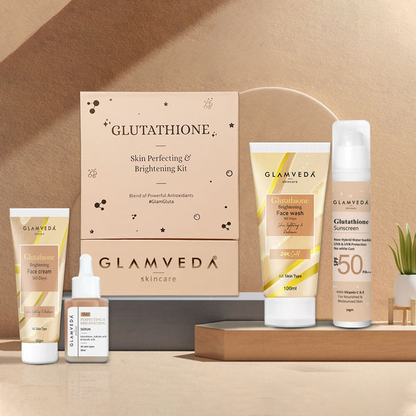 Glamveda Glutathione 4-Step Skincare Routine For Healthy & Radiant Skin | Skin Brightening and Lightening Combo ( Face Wash + Face Cream + Face Serum + Sunscreen )