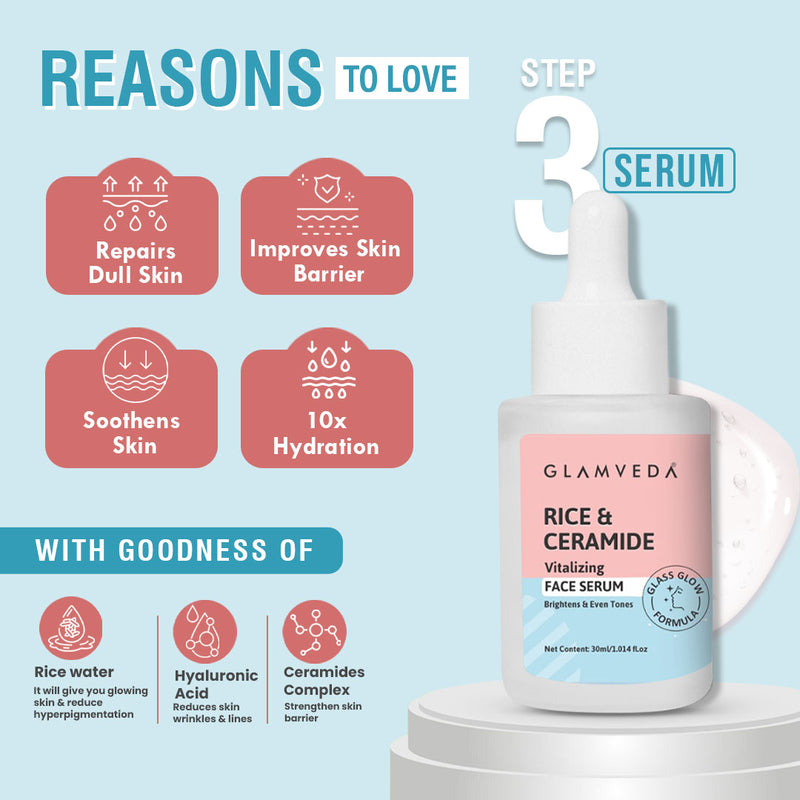 Glamveda Korean Glass Skin Rice & Ceramide 6 Step Gift Box | Face wash, Toner, Serum, Under eye cream, Moisturizer & Sunscreen