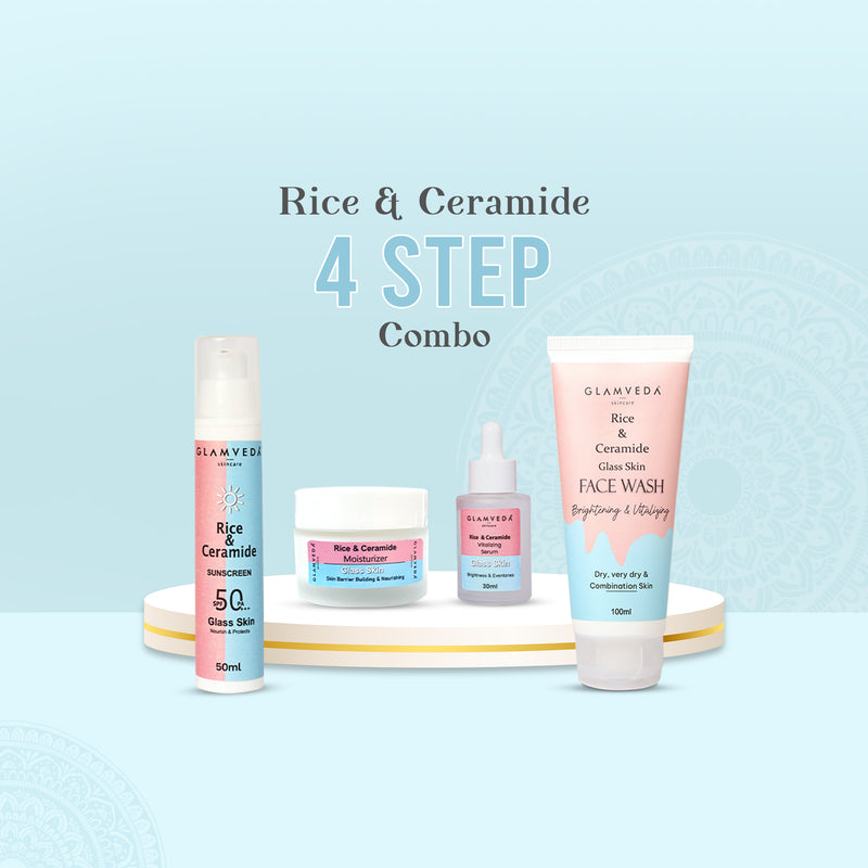 Glamveda Korean Glass Skin Rice & Ceramide Morning 4 Step Gift Box | Face Wash, Serum, Moisturizer & Sunscreen