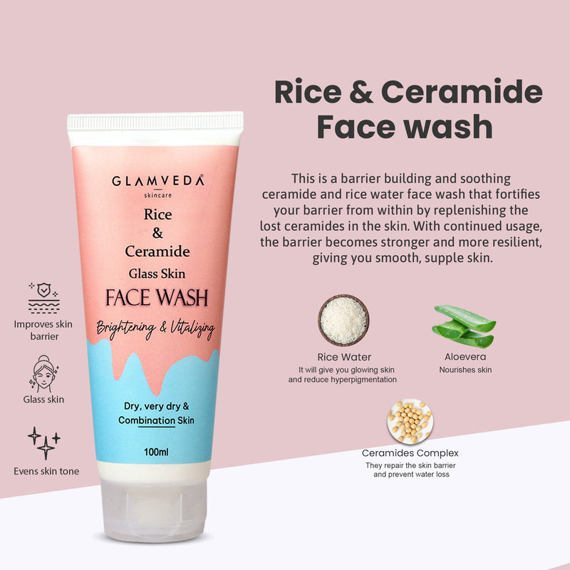 Glamveda Korean Glass Skin Rice & Ceramide Morning 4 Step Gift Box | Face Wash, Serum, Moisturizer & Sunscreen