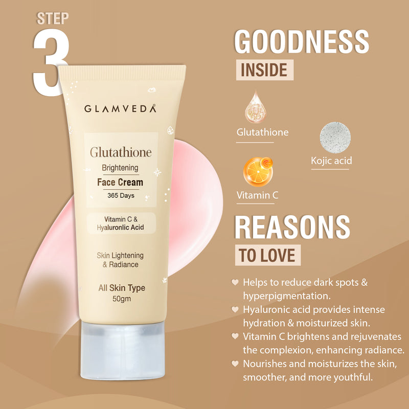 Glamveda Glutathione Skin Perfecting Brightening & Dark Spots Removal 4 Steps Skincare Routine ( Face Wash + Face Cream + Face Serum + Body Lotion )