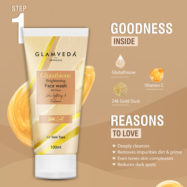 Glamveda Glutathione 4-Step Skincare Routine For Healthy & Radiant Skin | Skin Brightening and Lightening Combo ( Face Wash + Face Cream + Face Serum + Sunscreen )