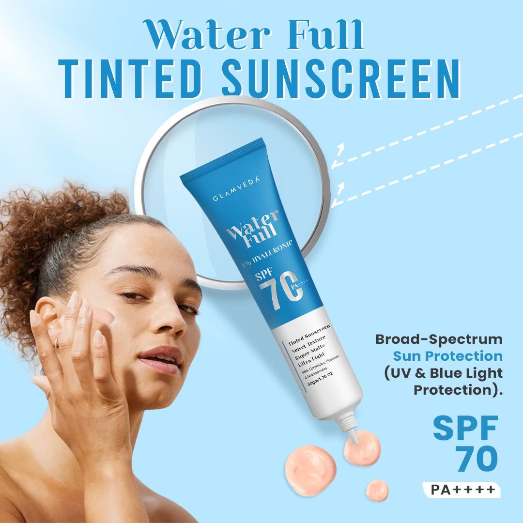 Glamveda Water Full 1% Hyaluronic Sunscreen SPF 70 PA++++ | Velvet Texture | Super Matte & Ultra Light | With Ceramides, Peptides & Niacinamide
