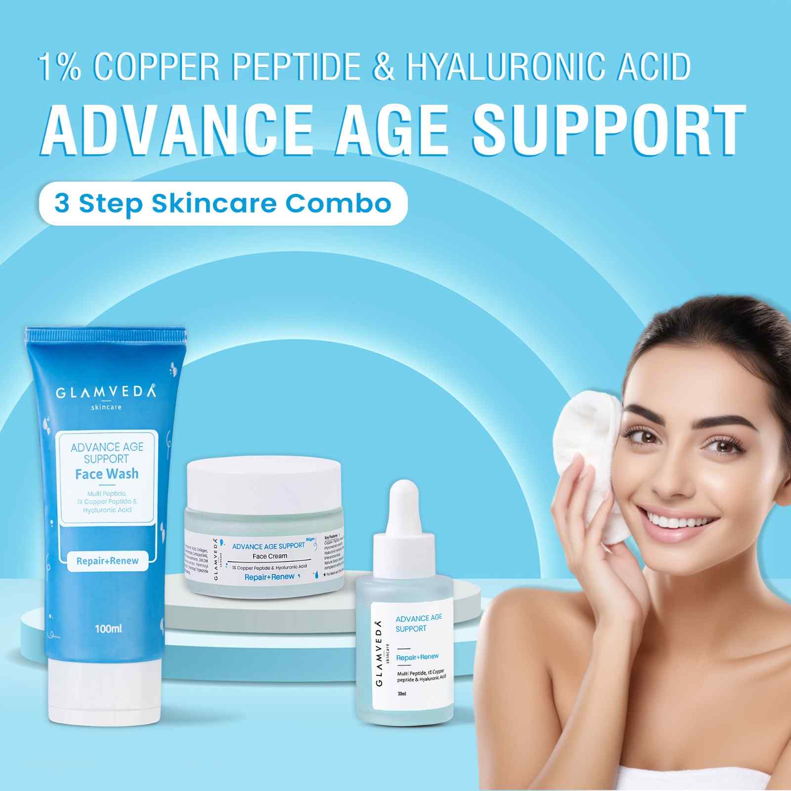 Glamveda 1% Copper peptide with Multi Peptide Advance Age Support Skincare Combo | Face Wash, Face Cream, Serum