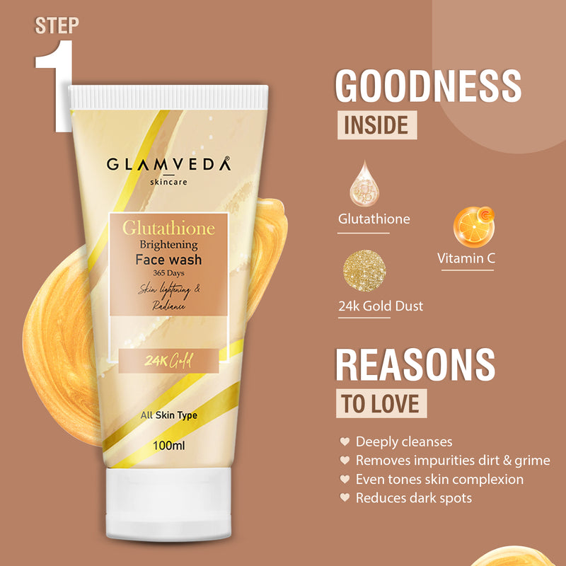 Glamveda Glutathione Skin Brightening and Lightening Combo | 5-Step Skincare Set For Glowing Skin |  ( Face Wash + Face Cream + Sunscreen + Serum + Under Eye Cream )