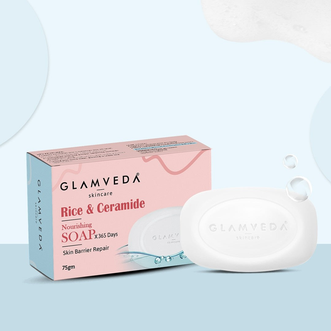 Glamveda Rice & Ceramide Skin Brightening Soap with Hyaluronic acid | Deeply Nourishes & Moisturised | 75gm