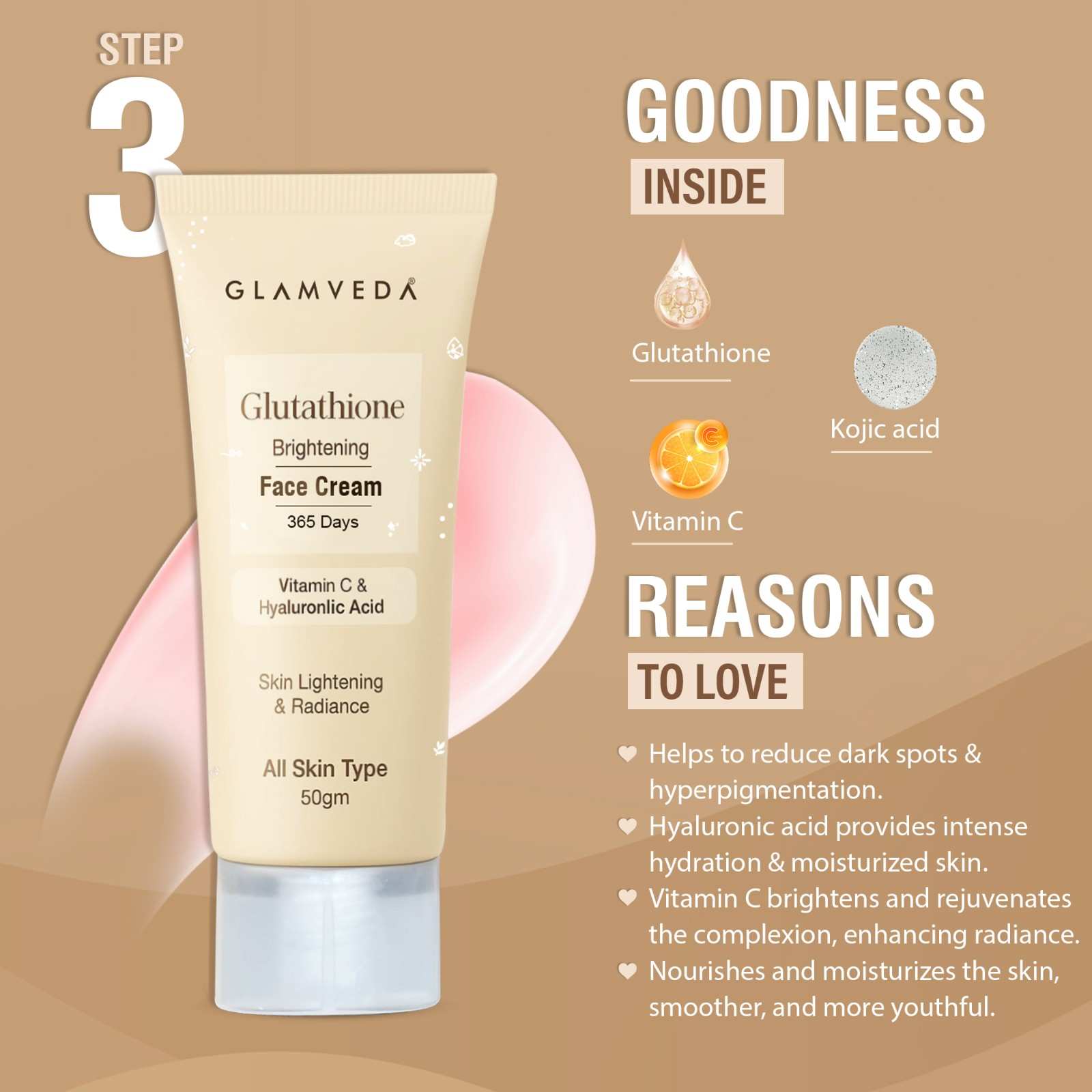 Glutathione Skin Perfecting Brightening & Dark Spots Removal 4 Steps Skincare Routine ( Face Wash + Face Cream + Face Serum + Body Lotion )