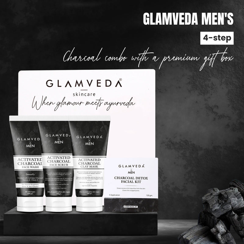 Glamveda Men's 4-step Detox Activated Charcoal Combo with a Premium Gift Box | Face wash, Face mask, Face scrub, Facial kit