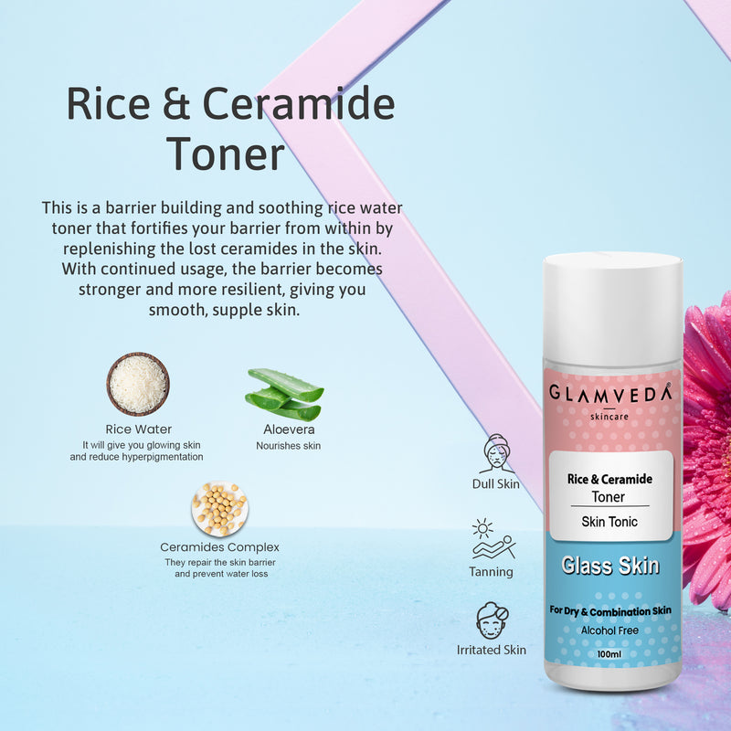 Glamveda Korean Glass Skin Rice & Ceramide 3 Step Daily Skincare Routine For Women with Gift Box | Face Wash, Toner & Moisturizer