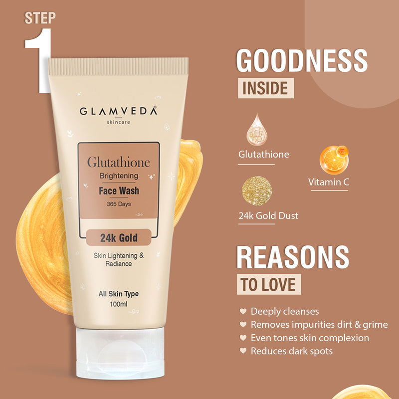 Glamveda Glutathione Skin Brightening and Lightening Combo | 5-Step Skincare Set For Glowing Skin |  ( Face Wash + Face Cream + Sunscreen + Serum + Under Eye Cream )