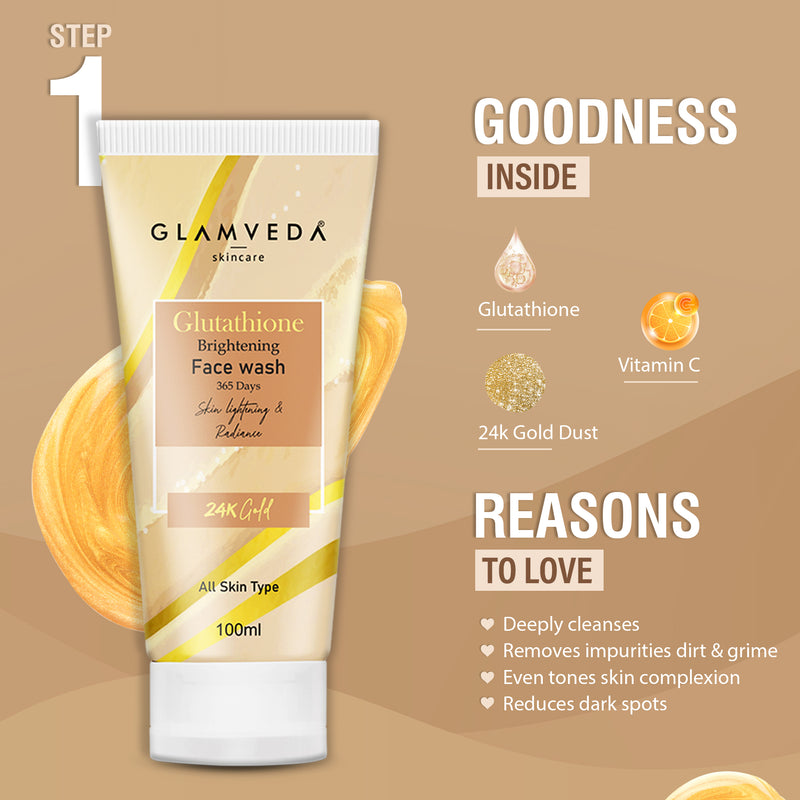 Glamveda Glutathione Skin Perfecting Brightening & Dark Spots Removal 4 Steps Skincare Routine ( Face Wash + Face Cream + Face Serum + Body Lotion )