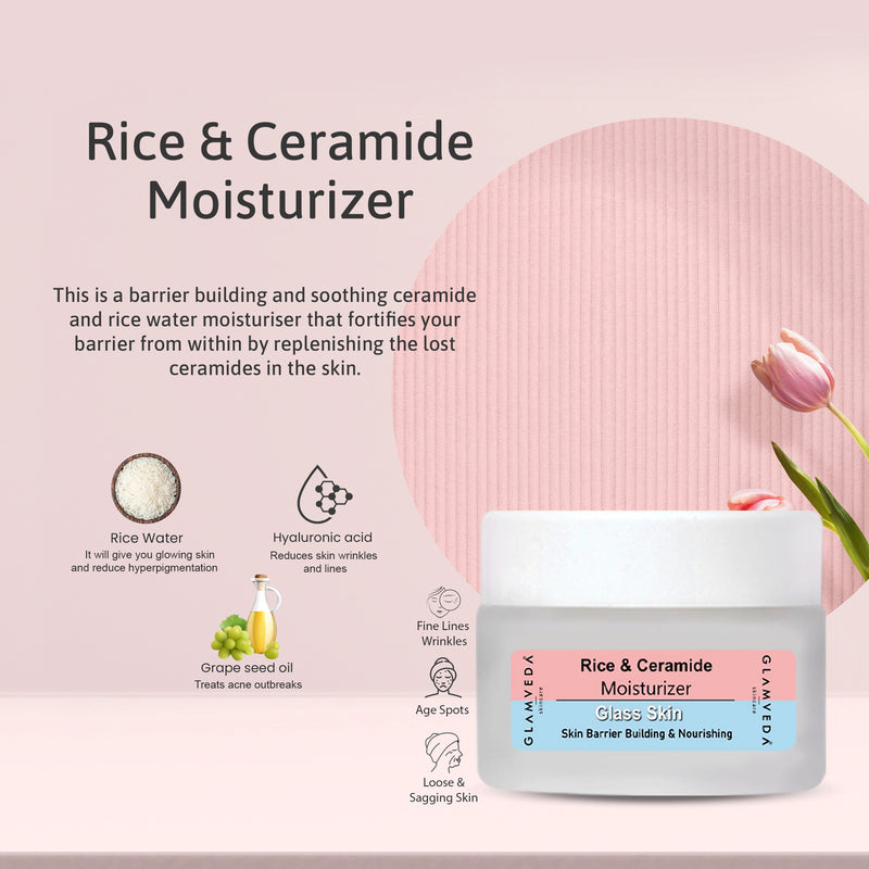 Glamveda Korean Glass Skin Rice & Ceramide 3 Step Combo | Face Wash, Serum & Moisturizer