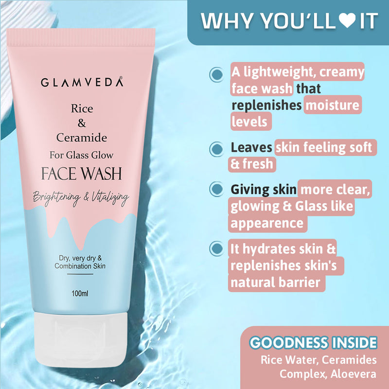 Glamveda Rice & Ceramide Korean Glass Skin Combo Gift Pack | Skin Brightening & Anti Dullness | Face Wash, Facial Kit & Peel Off Mask