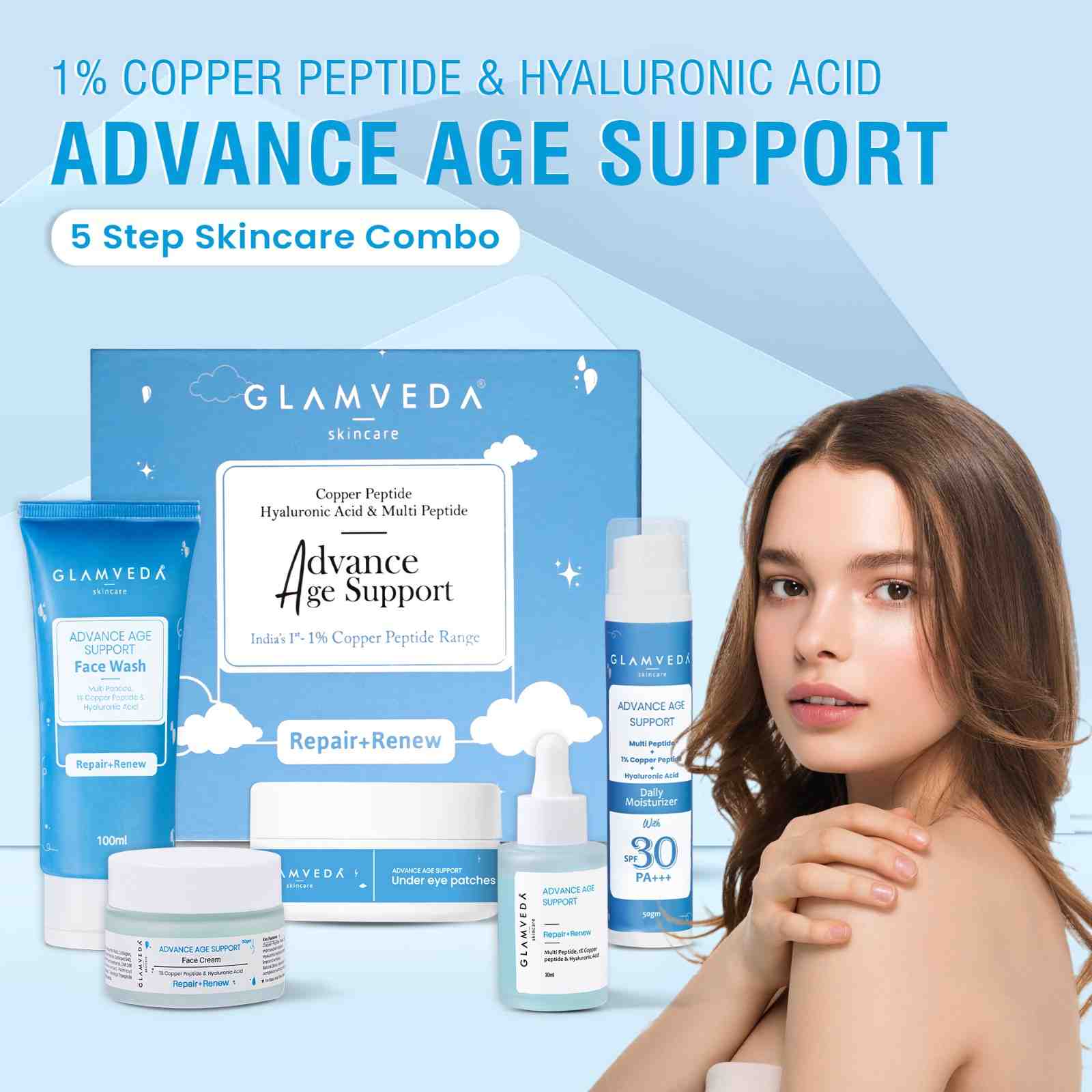 Glamveda 1% Copper peptide with Multi Peptide Advance Age Support Skincare Combo | Face Wash, Face Cream, Serum, Under Eye Cream, Sunscreen