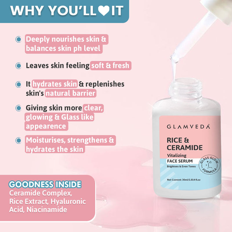 Glamveda Korean Glass Skin Rice & Ceramide Morning 4 Step Gift Box | Face Wash, Serum, Moisturizer & Sunscreen