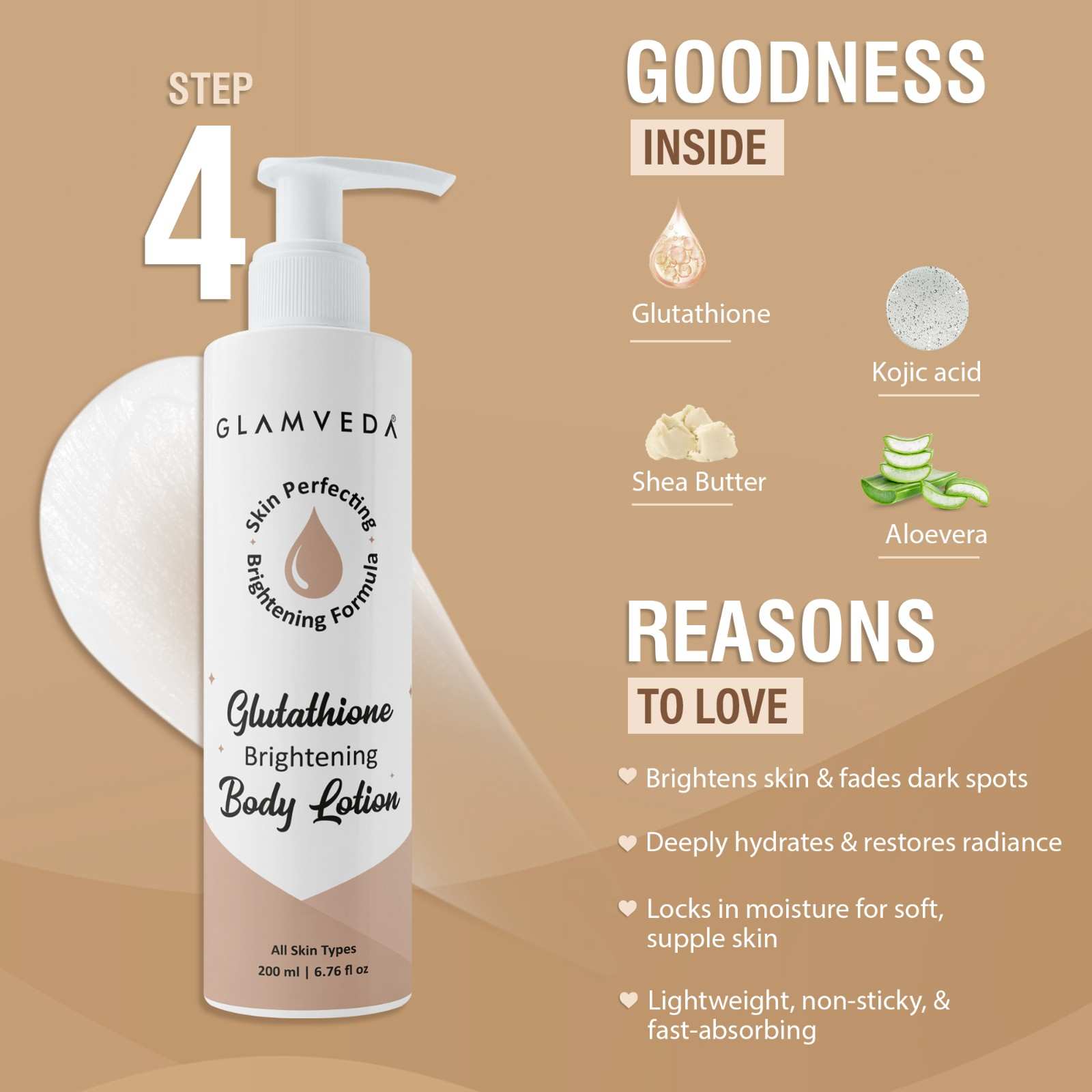 Glutathione Skin Perfecting Brightening & Dark Spots Removal 4 Steps Skincare Routine ( Face Wash + Face Cream + Face Serum + Body Lotion )