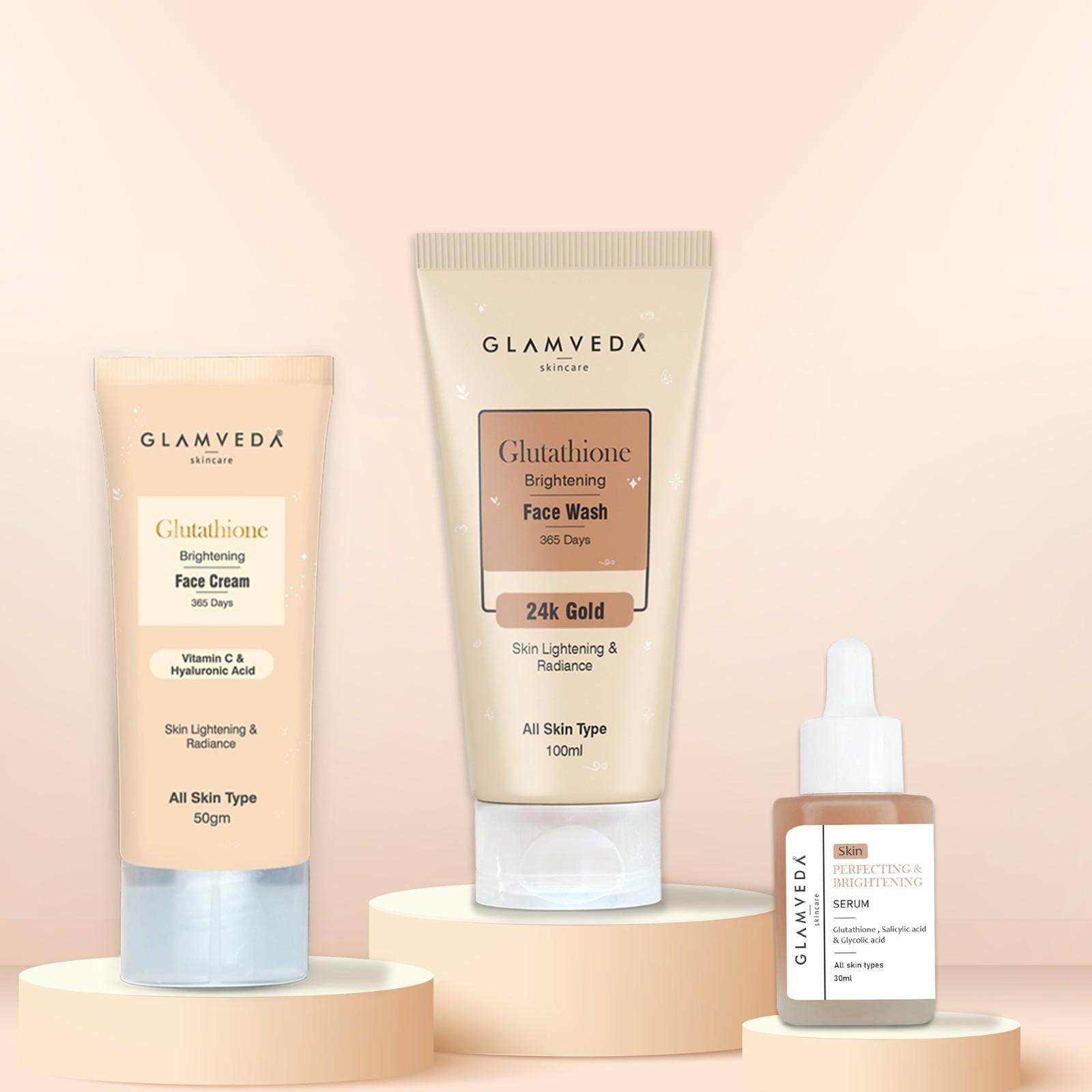 Glamveda Glutathione Skin Perfecting Brightening & Dark Spots Removal 3 Steps Skincare Routine ( Face Wash + Face Cream + Face Serum )