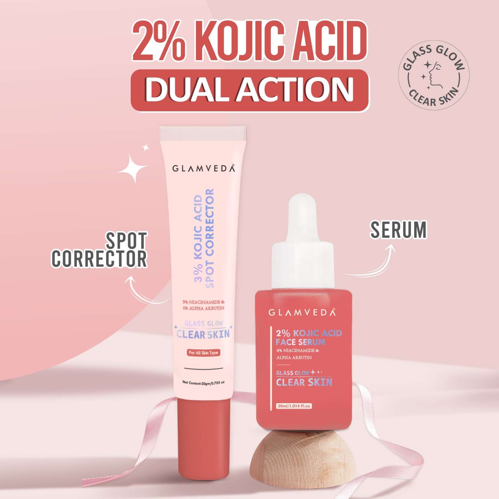 Glamveda 2% Kojic Acid Spot Corrector + Serum Duo – Fades Dark Spots, Acne Scars & Pigmentation