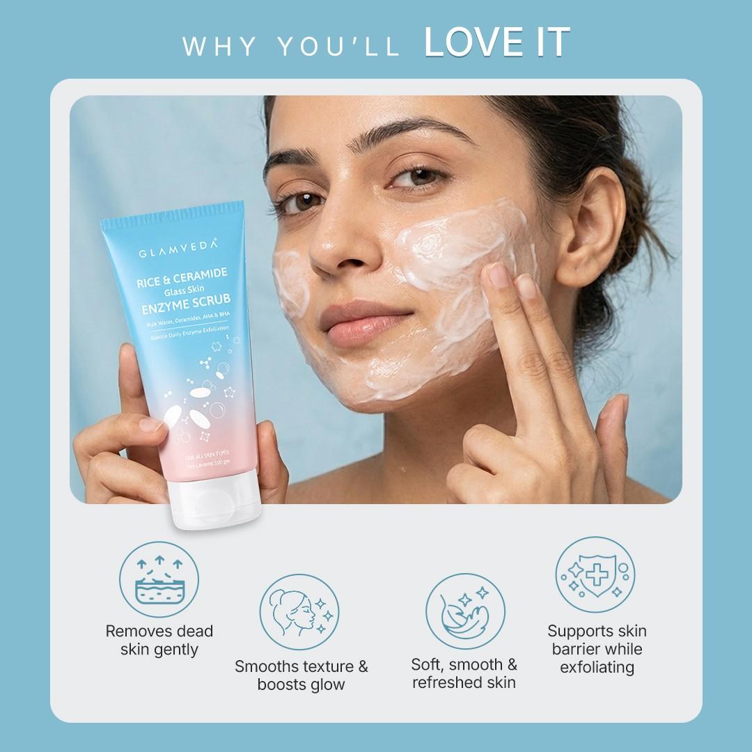 Rice & Ceramide Enzyme Scrub | 3X Exfoliation Peeling Gel with Enzyme, AHA & BHA | 100gm