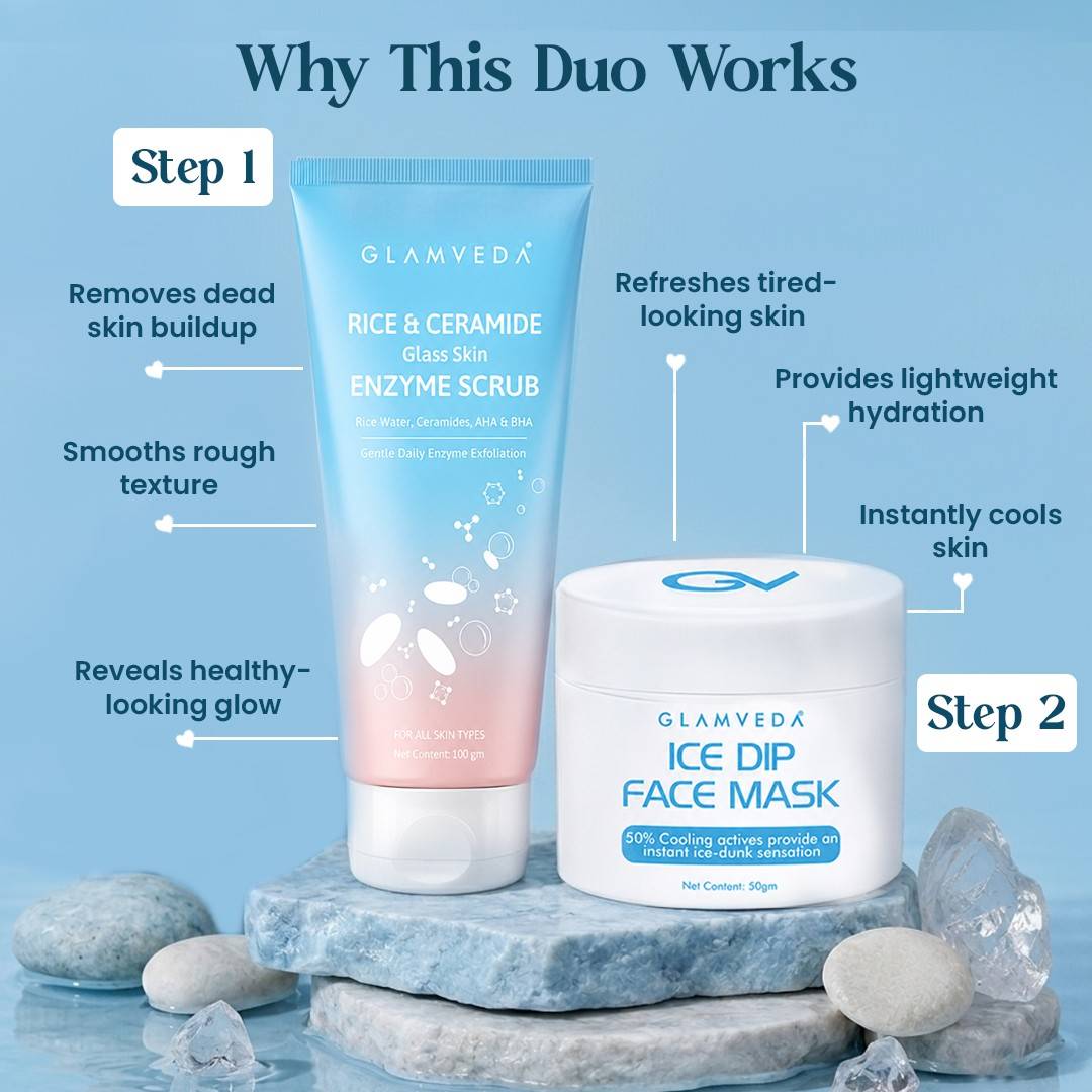 Cooling & Glow Duo | Rice & Ceramide Enzyme Scrub + Ice Dip Cooling Face Mask | 150gm