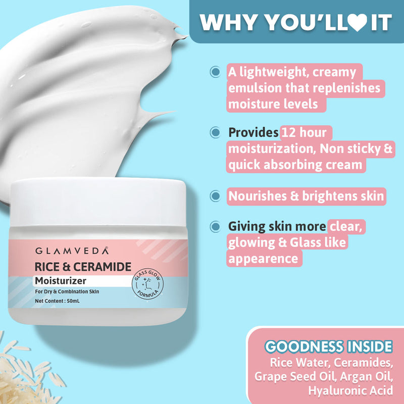 Glamveda Korean Glass Skin Rice & Ceramide Morning 4 Step Gift Box | Face Wash, Serum, Moisturizer & Sunscreen