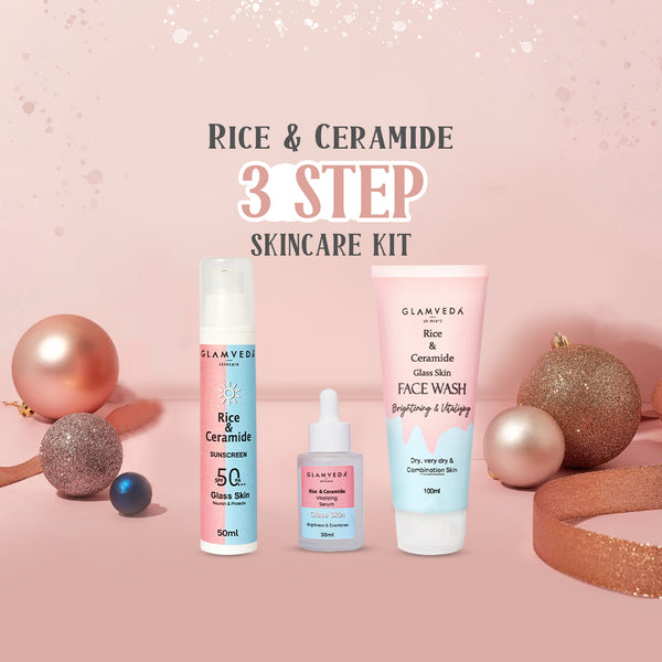 Glamveda Korean Glass Skin Rice & Ceramide 3 Step Combo | Face Wash, Serum & Sunscreen