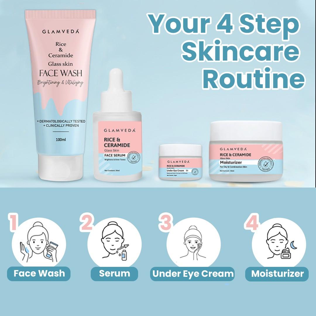 Glamveda Korean Glass Skin Rice & Ceramide 4 Step Gift Box | Face wash, Serum, Under-eye cream, Moisturizer