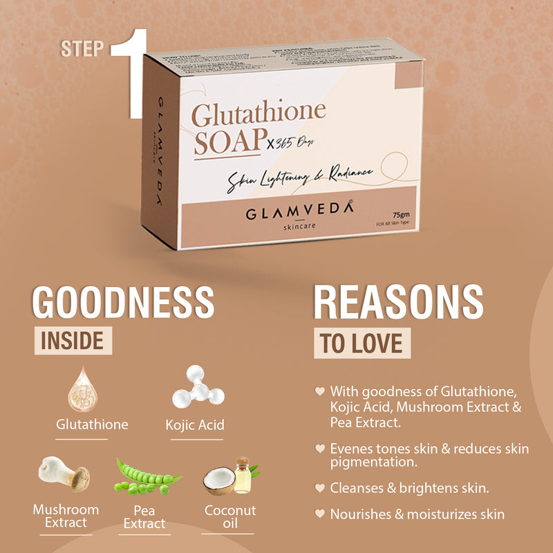 Glamveda Glutathione Bath & Body Skincare Routine Combo |  Set of 4 Kit | For Skin Brightening and Lightening | ( Face Wash + Face Cream + Body Lotion + Soap )