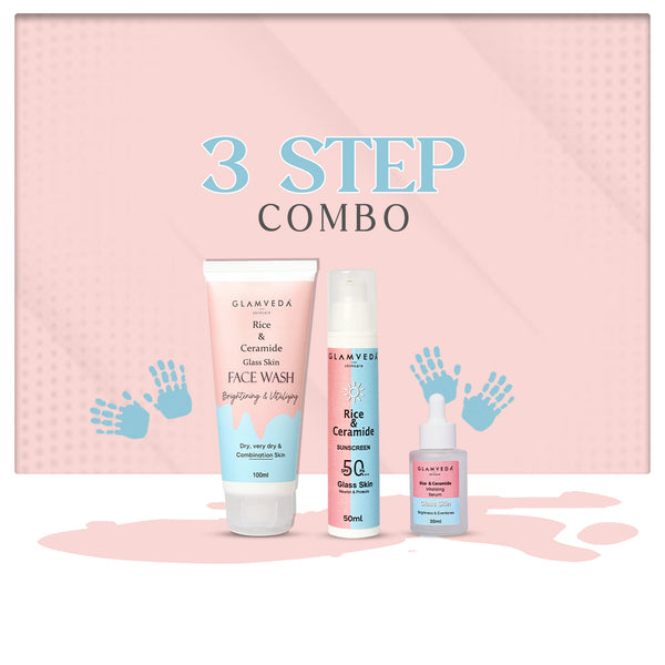 Glamveda Korean Glass Skin Rice & Ceramide 3 Step Combo | Face Wash, Serum & Sunscreen