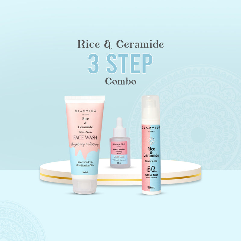 Glamveda Korean Glass Skin Rice & Ceramide 3 Step Combo | Face Wash, Serum & Sunscreen