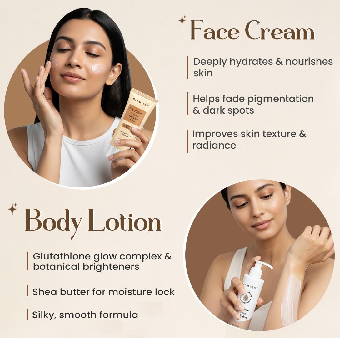 Glutathione Bath & Body Skincare Routine Combo |  Set of 4 Kit | For Skin Brightening and Lightening | ( Face Wash + Face Cream + Body Lotion + Soap )