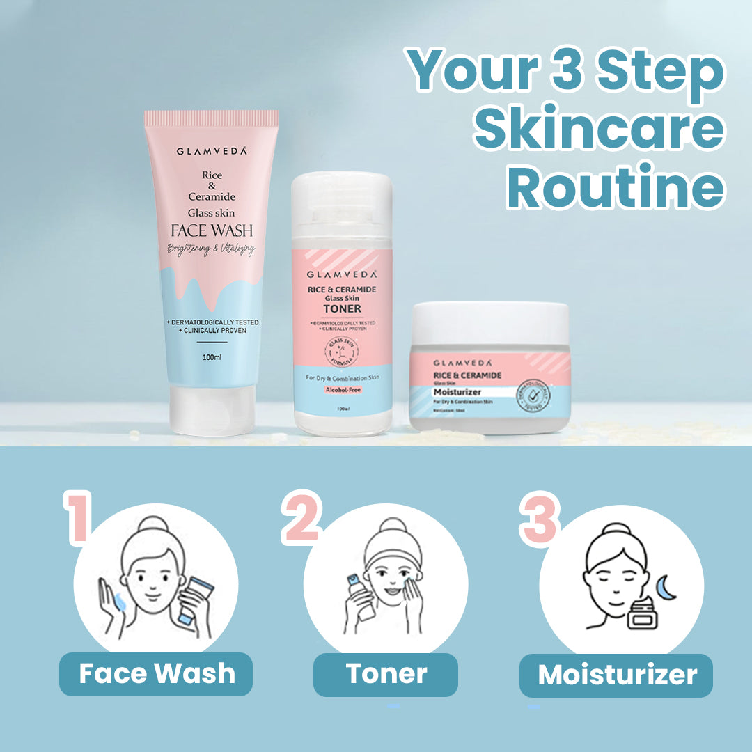 Korean Glass Skin Rice & Ceramide 3 Step Combo | Face Wash, Toner & Moisturizer