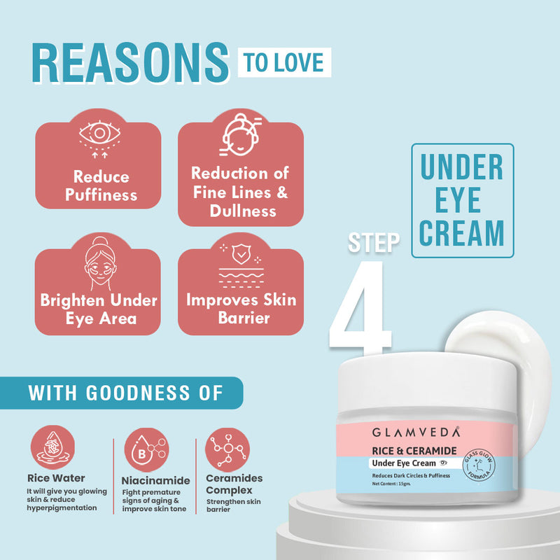 Glamveda Korean Glass Skin Rice & Ceramide 6 Step Gift Box | Face wash, Toner, Serum, Under eye cream, Moisturizer & Sunscreen