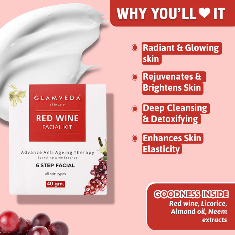 Glamveda Red Wine Advance Anti Ageing Combo Gift Pack | Reduces signs of ageing | Face Wash, Facial Kit & Peel Off Mask
