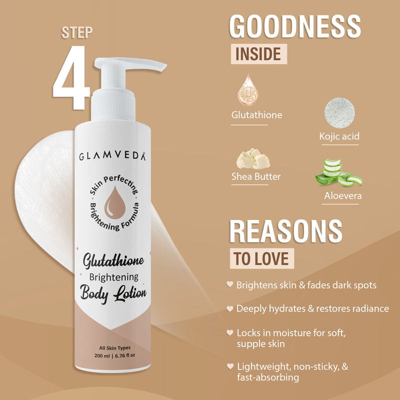 Glamveda Glutathione Skin Perfecting Brightening & Dark Spots Removal 4 Steps Skincare Routine ( Face Wash + Face Cream + Face Serum + Body Lotion )