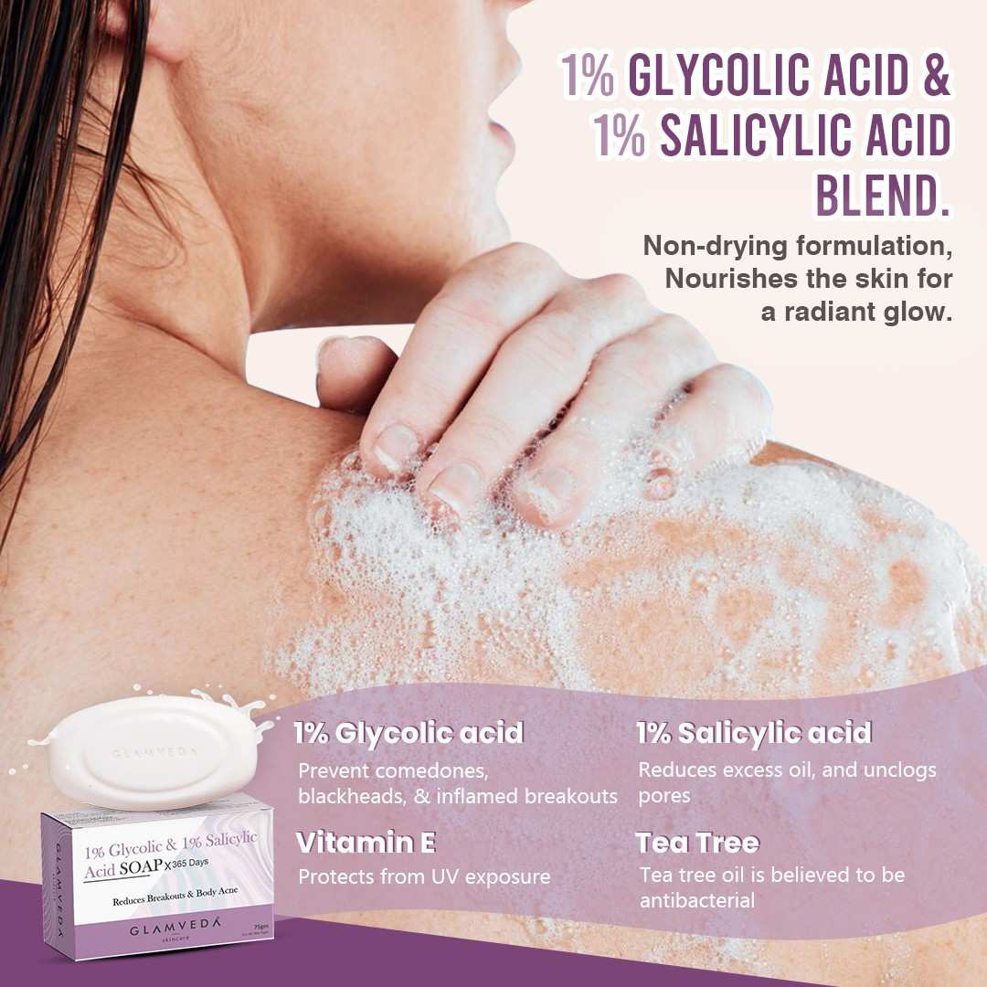 Glamveda 1% Glycolic Acid & 1% ww Salicylic Acid Body Acne Soap Pack of 2